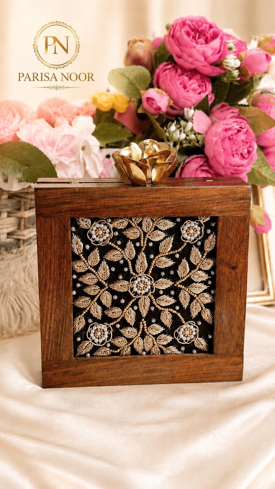 Virelle Embroidered Wooden Box Clutch