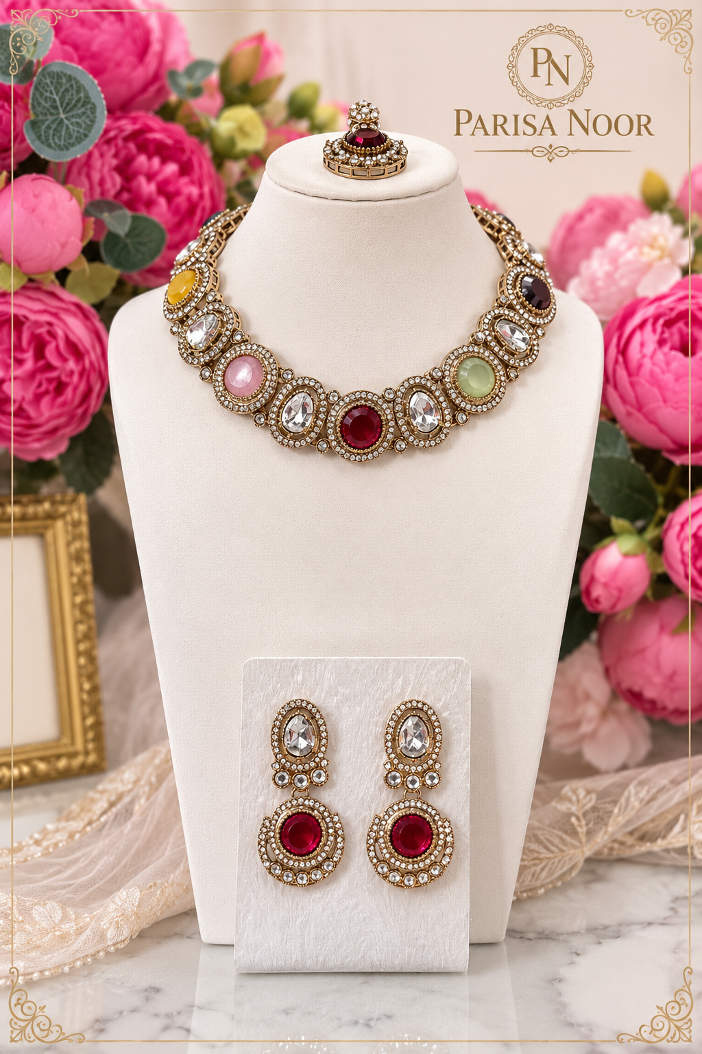 Saran Multicolour Luxury Polki Kundan Necklace Set