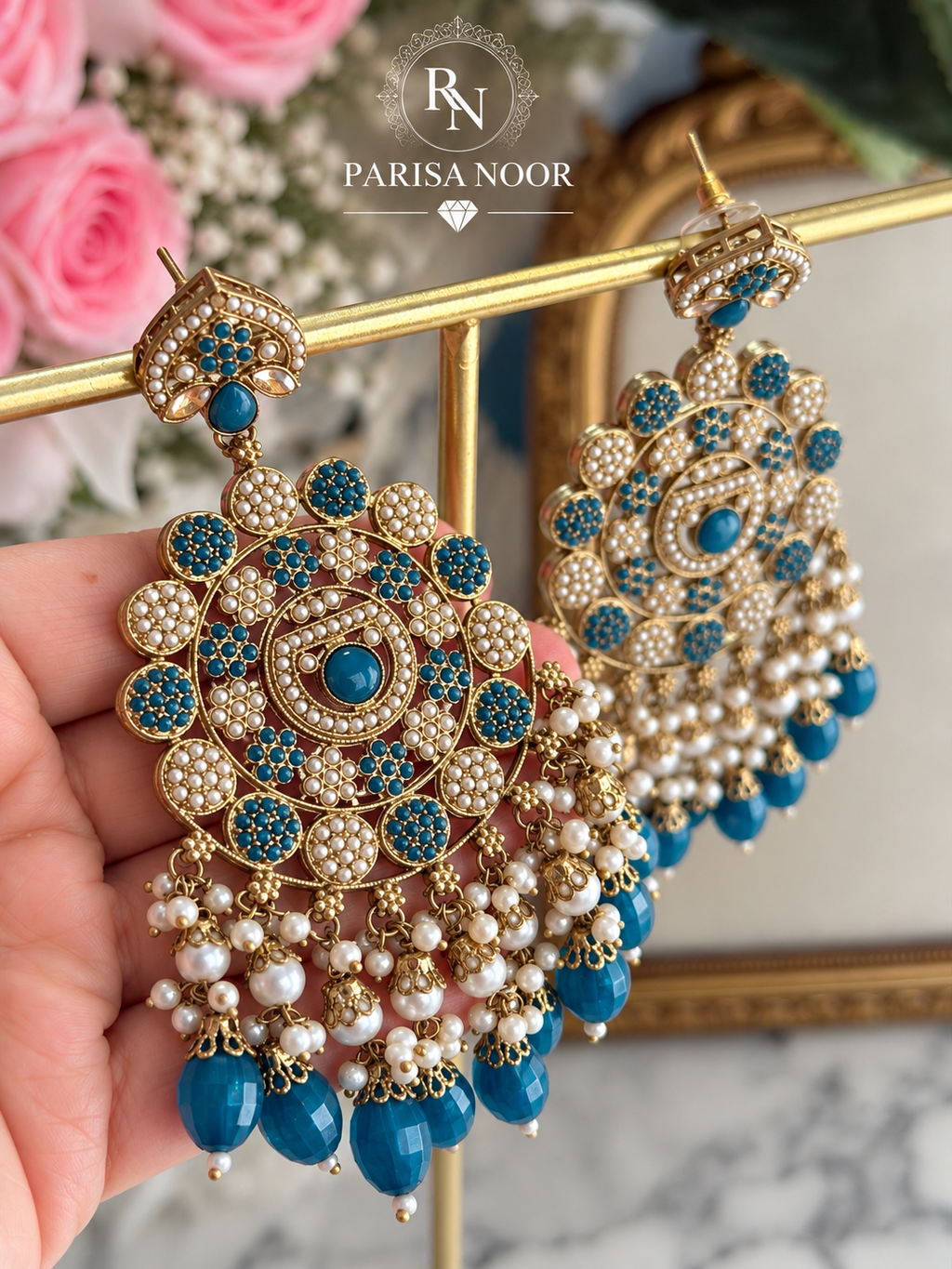 Zafira Turkish Blue Kundan Pearl Statement Earrings