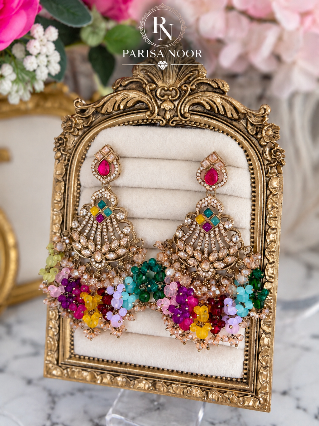 Zavelle Multicolour Kundan Beaded Chandbali Earrings