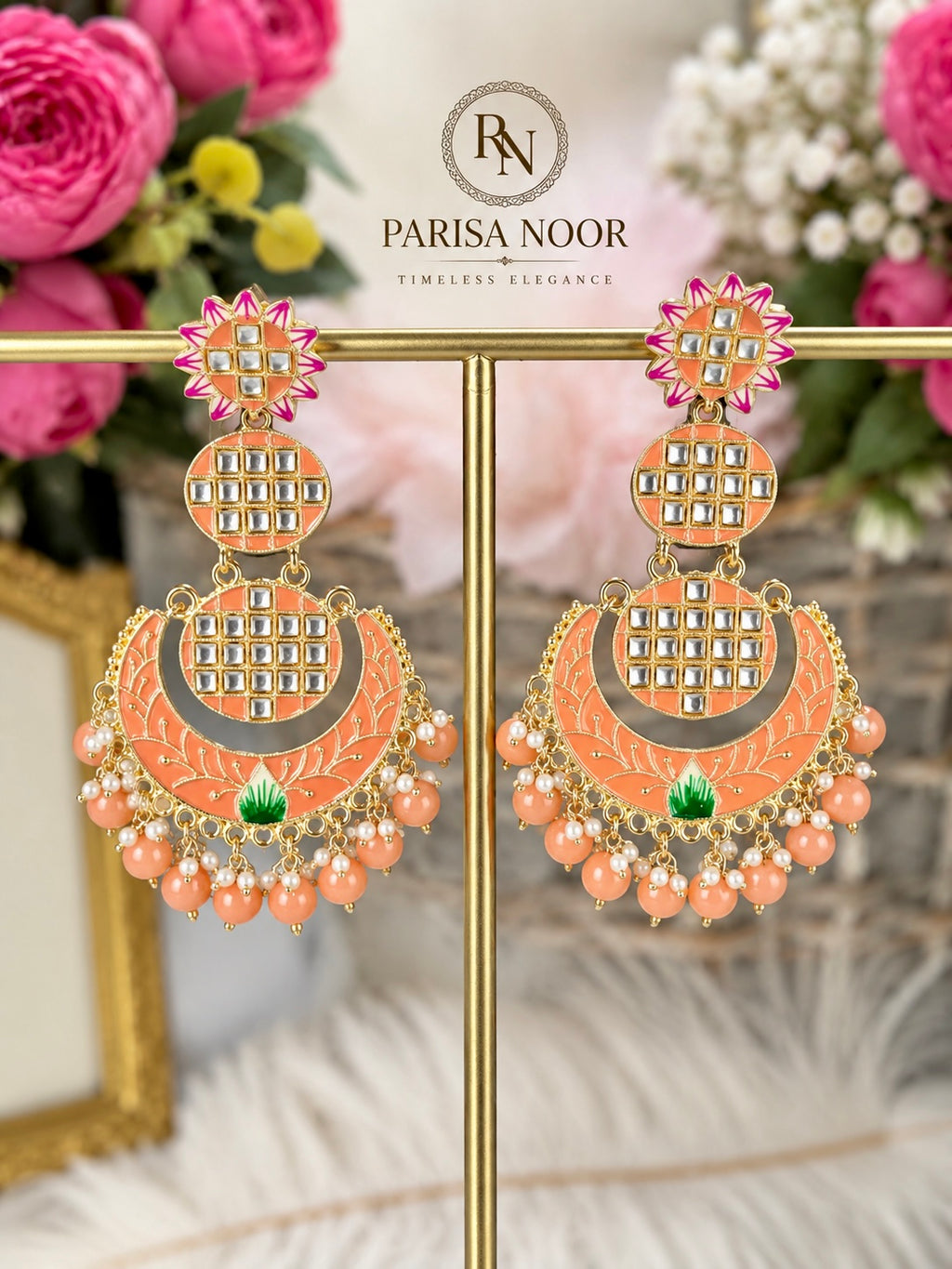 Aarohi Peach Meenakari Statement Earrings