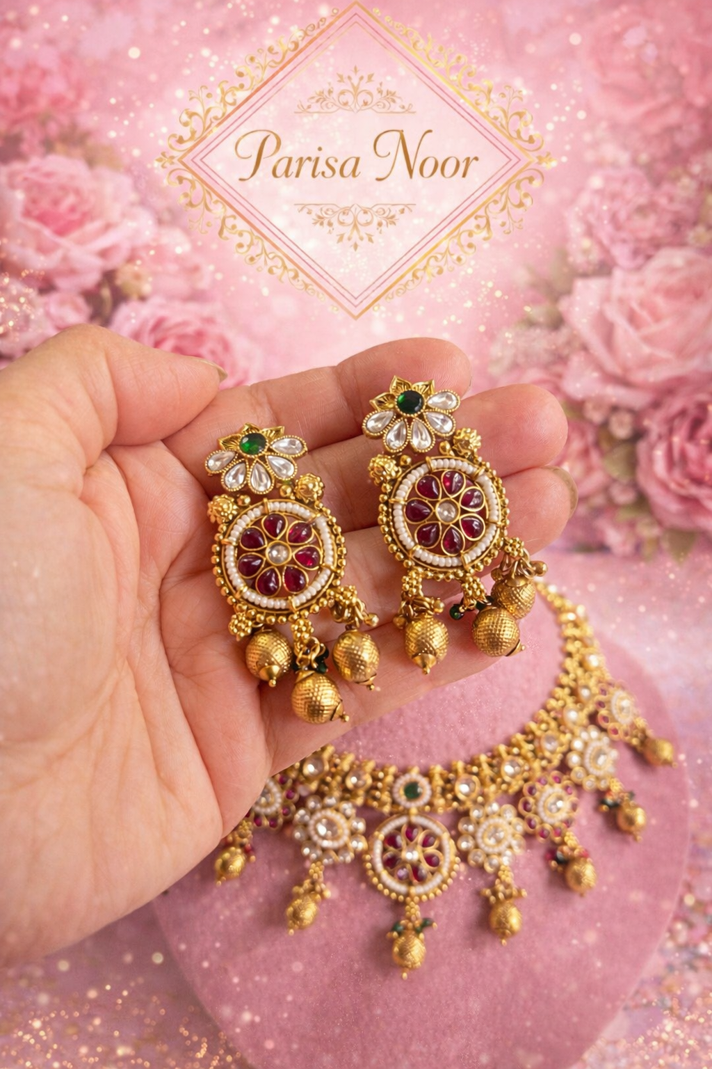 Riyasaat Ruby Green Heritage Necklace Set with Earring