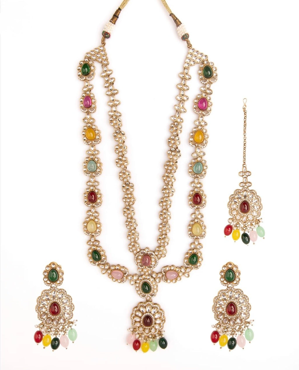 Naveli Multi Premium Layer Kundan Long Necklace with Earring and Mangteeka