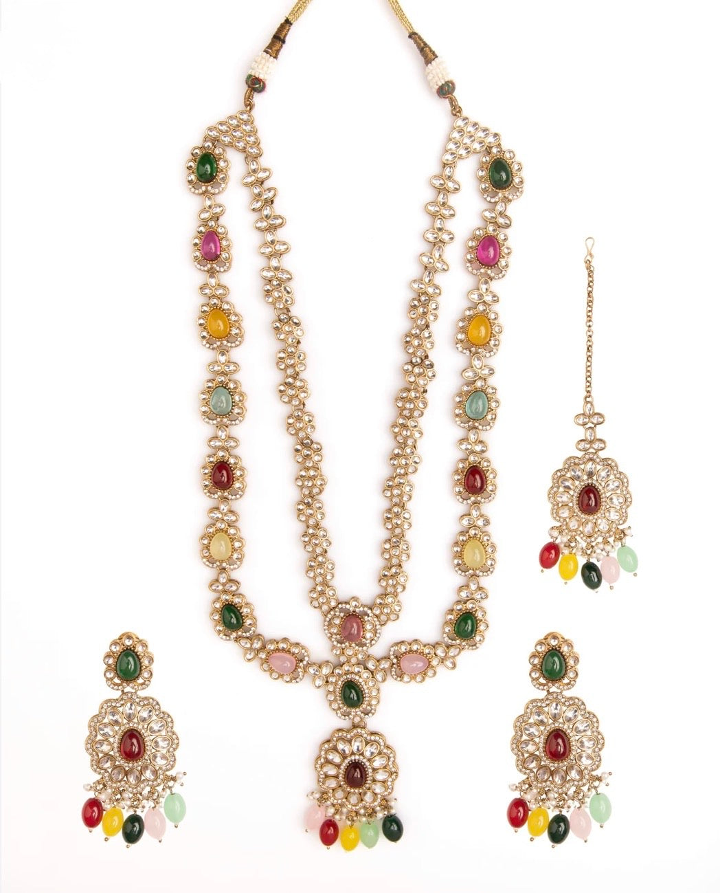 Naveli Multi Premium Layer Kundan Long Necklace with Earring and Mangteeka