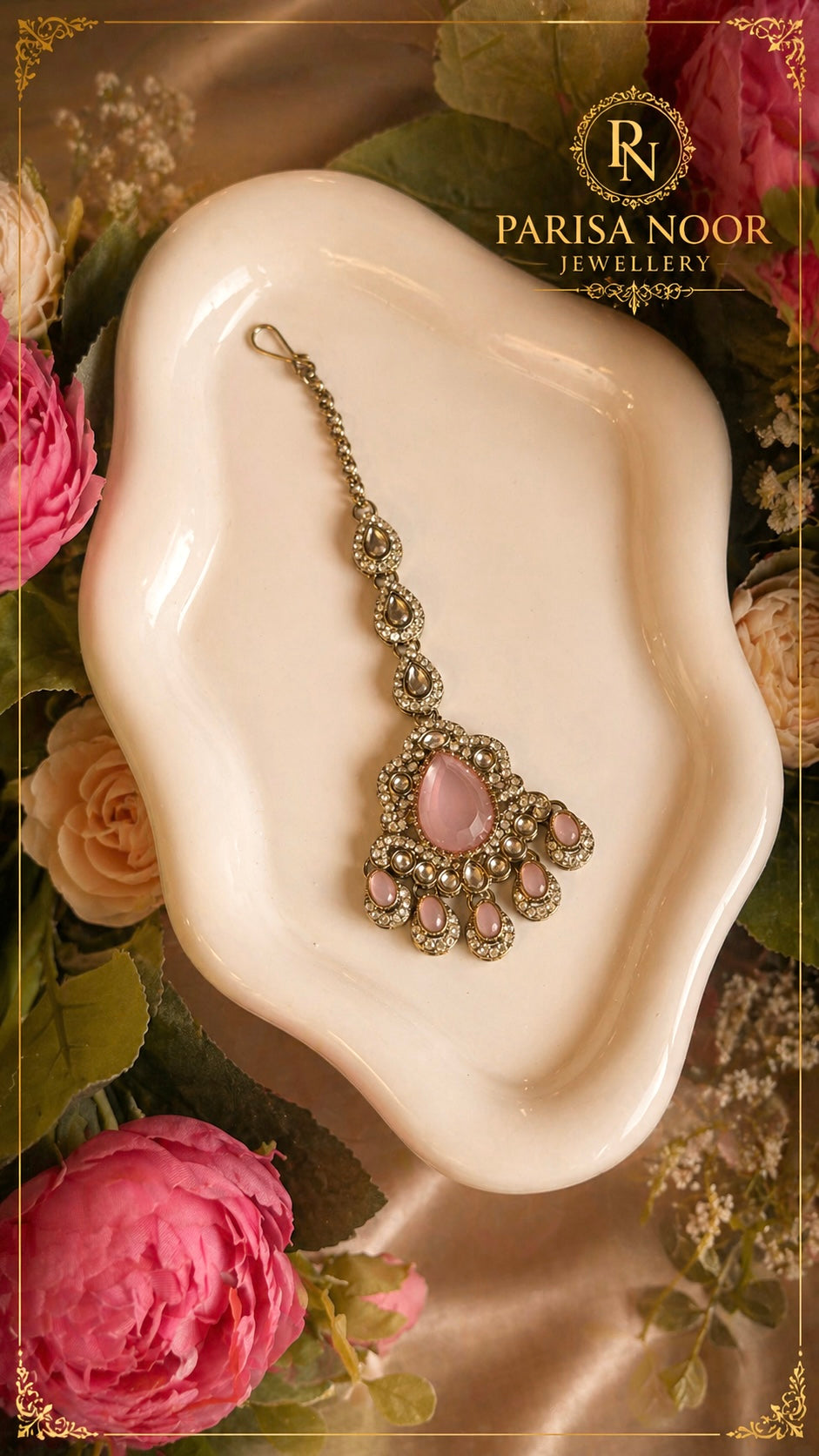 Anaya Pink Kundan Zircon Necklace Set with Teeka