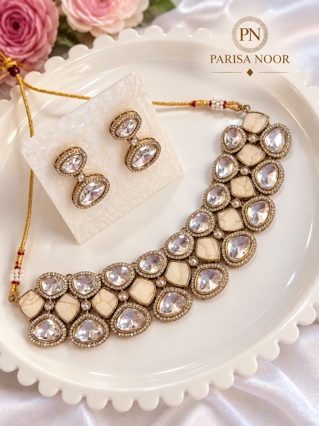 Avelina Ivory Pearl Polki Necklace Set – Clearance Sale