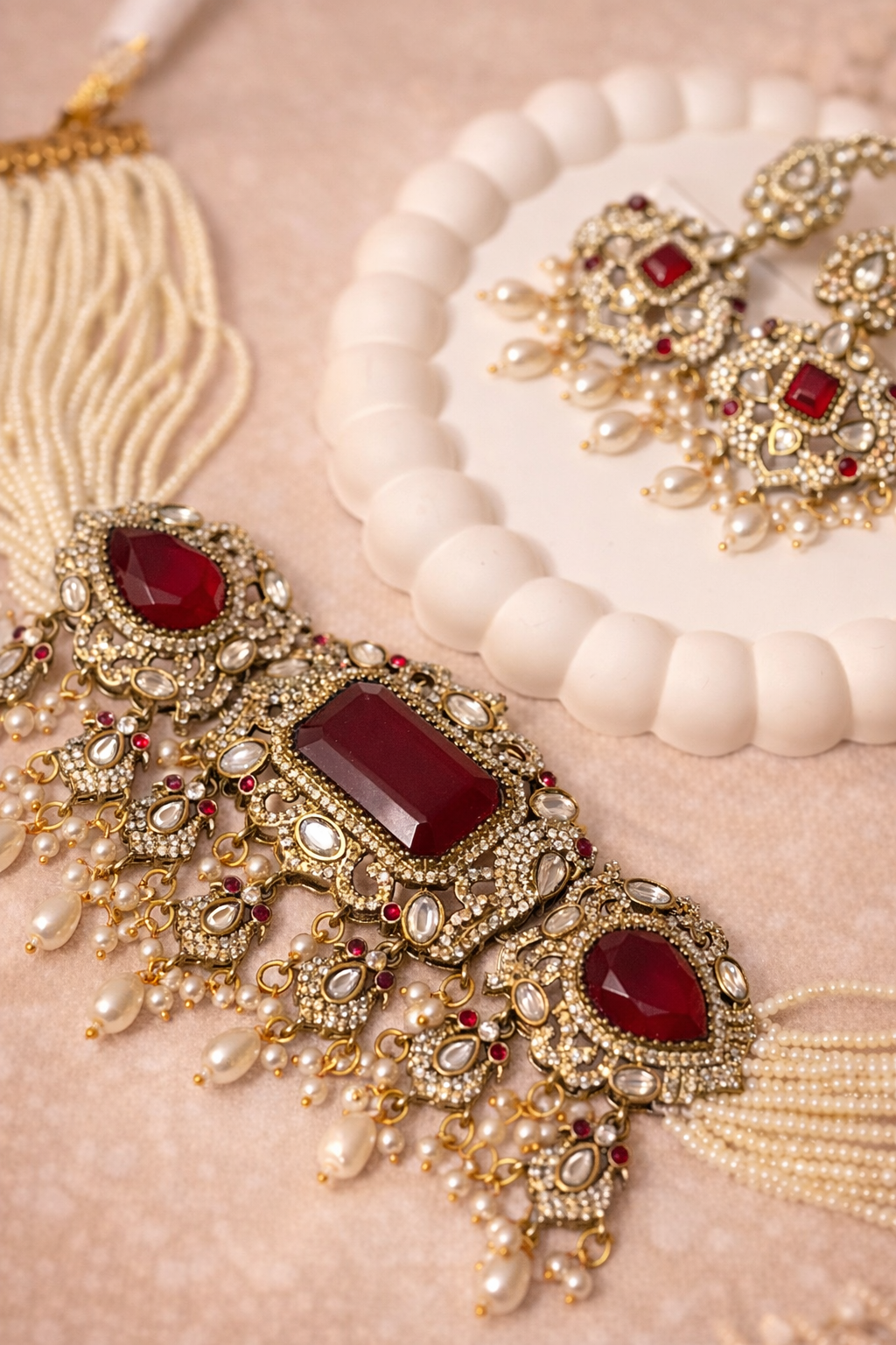 Hayat Victorian Choker Necklace set - Ruby Red