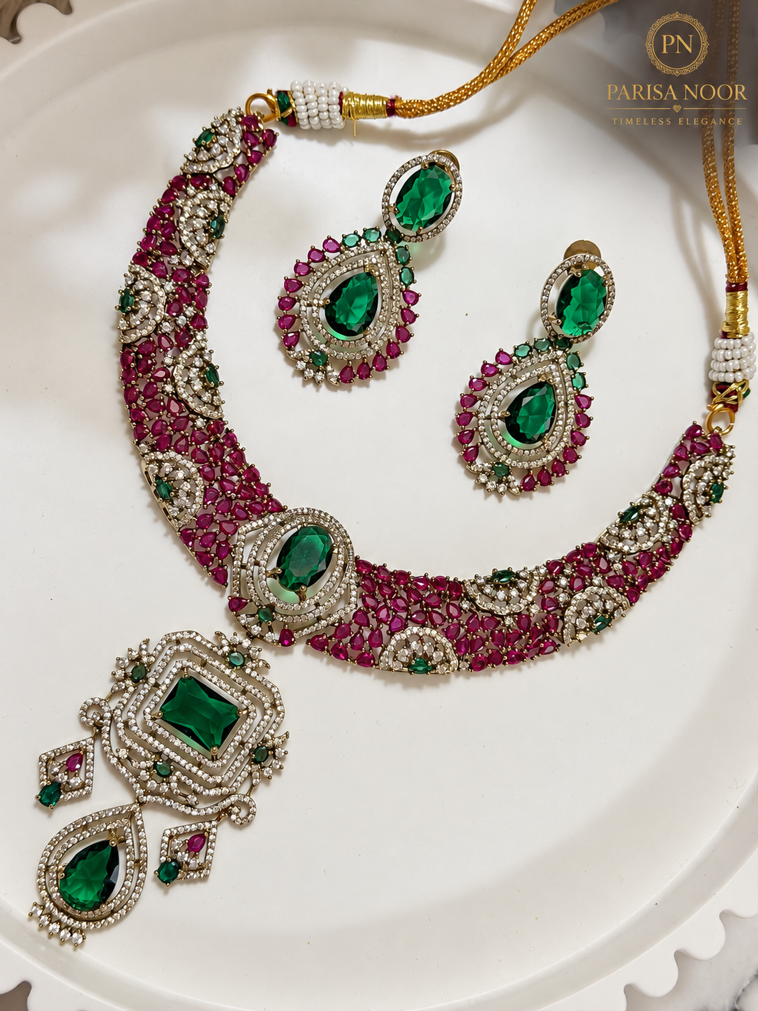 Fariha Premium Designer Victorian AD Moissanite Necklace Set