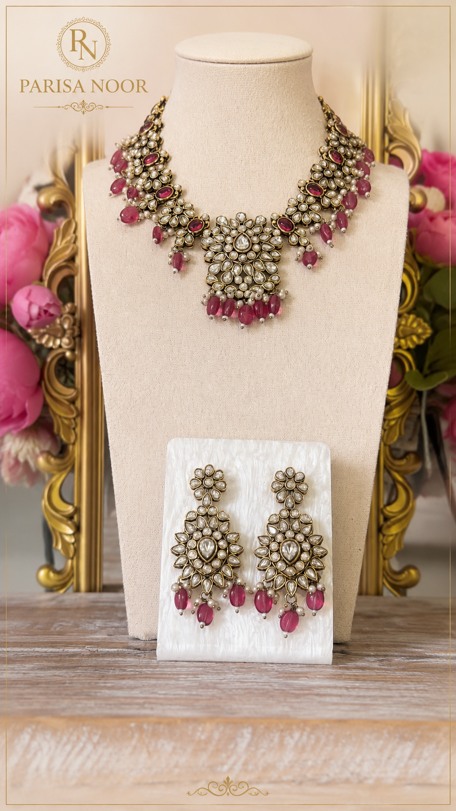 Monalisa Rose Pink Kundan Necklace Set