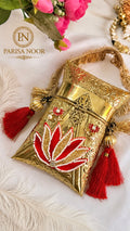 Shefali Red Lotus Brass Clutch Handbag