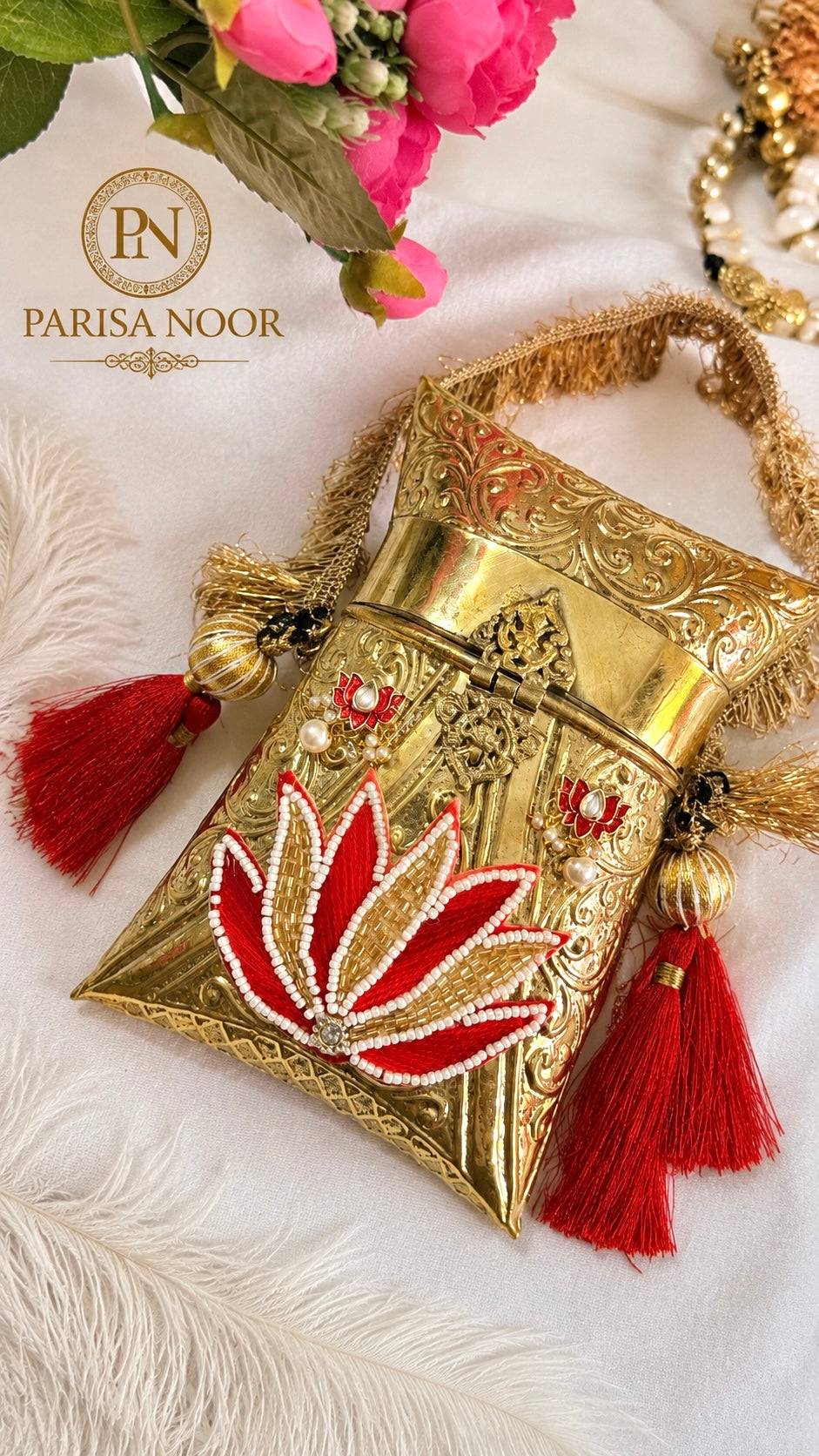 Shefali Red Lotus Brass Clutch Handbag