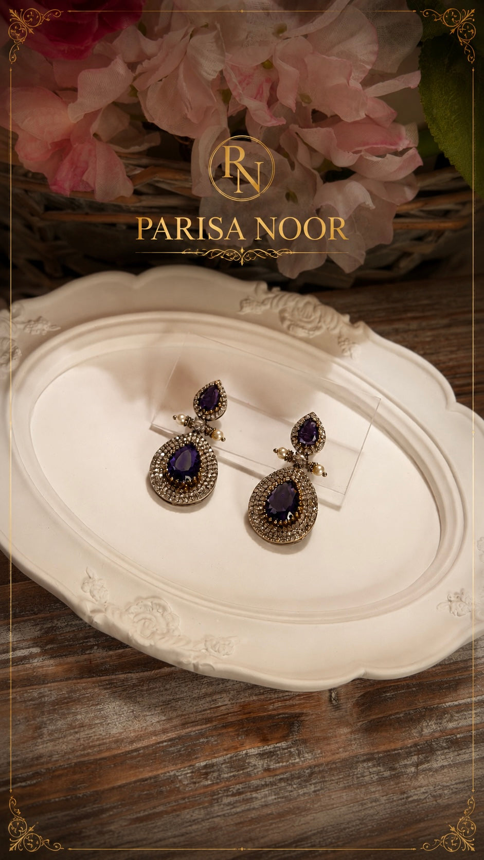 Leena Amethyst Victorian AD Double Layer Necklace Set