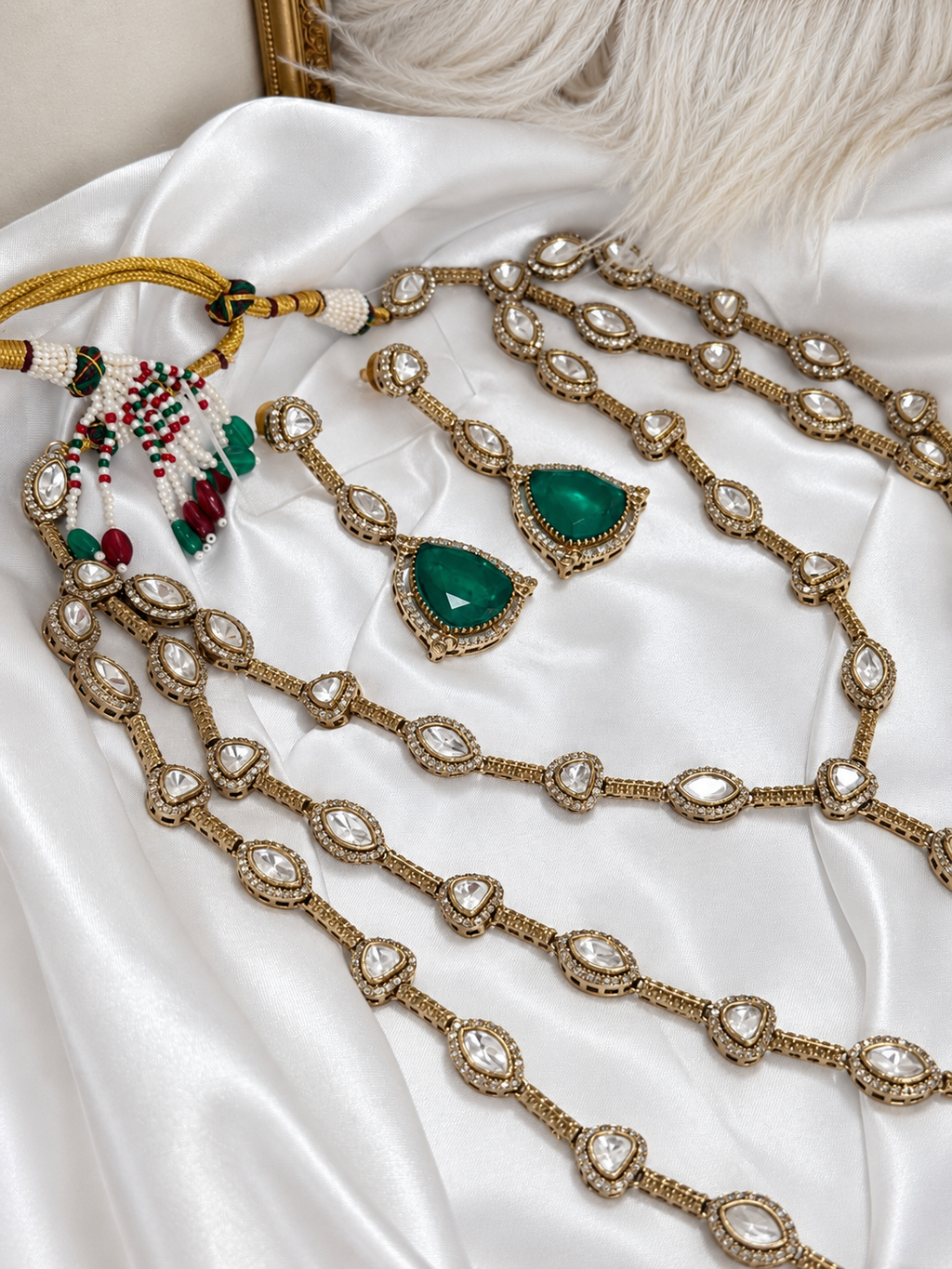 Samyukta Rajrani Emerald Layered Long Necklace Set