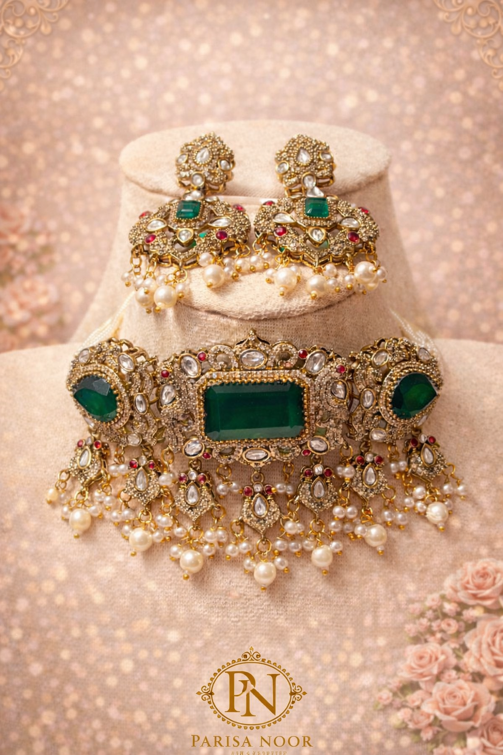 Hayat Victorian Choker Necklace Set -Emerald Green
