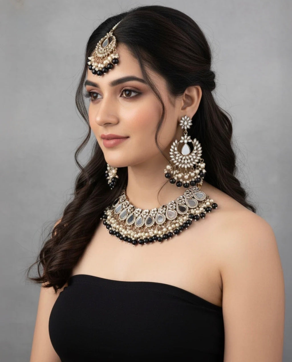 Disha Blush Mirror Necklace Earrings & Maangteeka