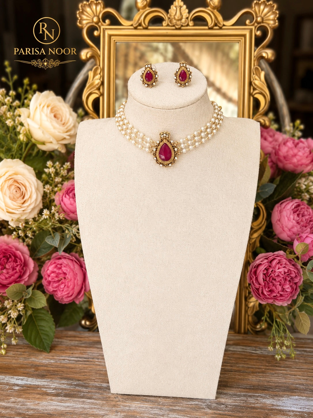 Charu Dainty Pearl Ruby Pink Choker Set