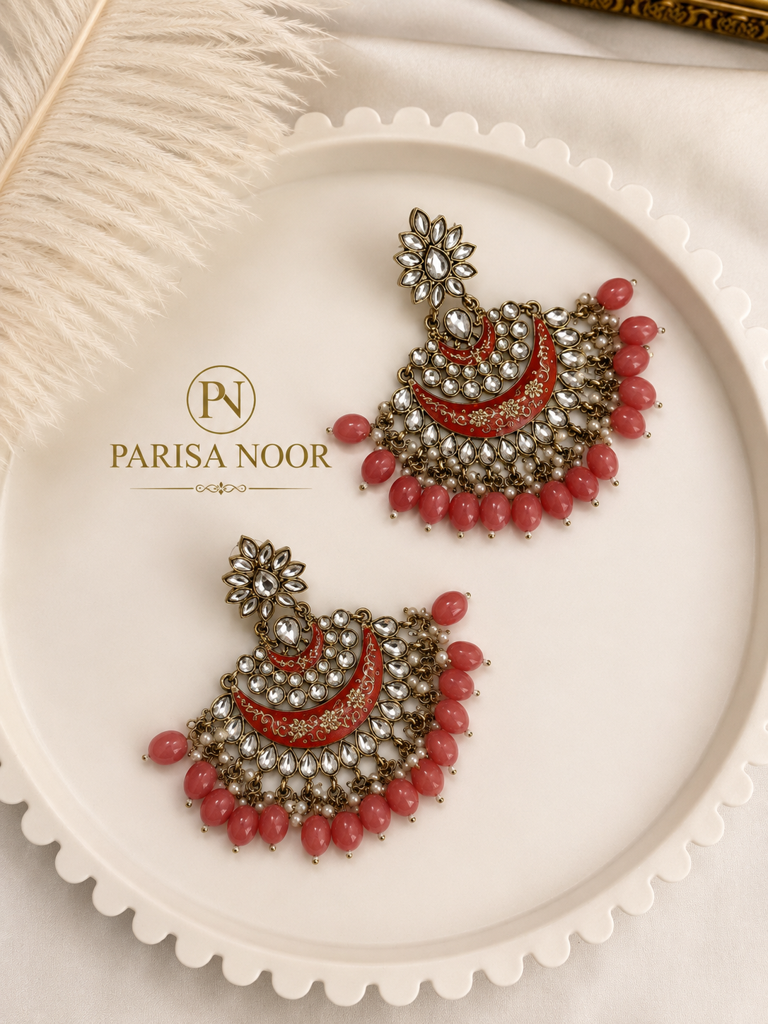 Rimjhim Kundan Meenakari Chandbali Earrings Coral Pink