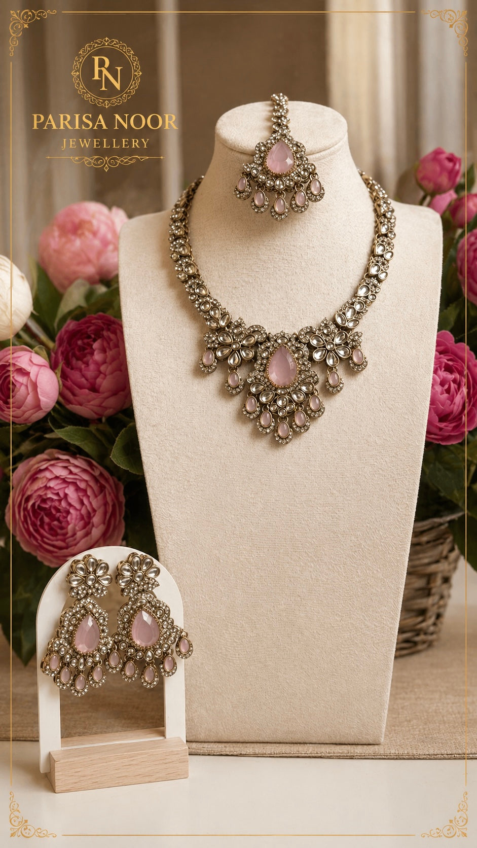 Anaya Pink Kundan Zircon Necklace Set with Teeka