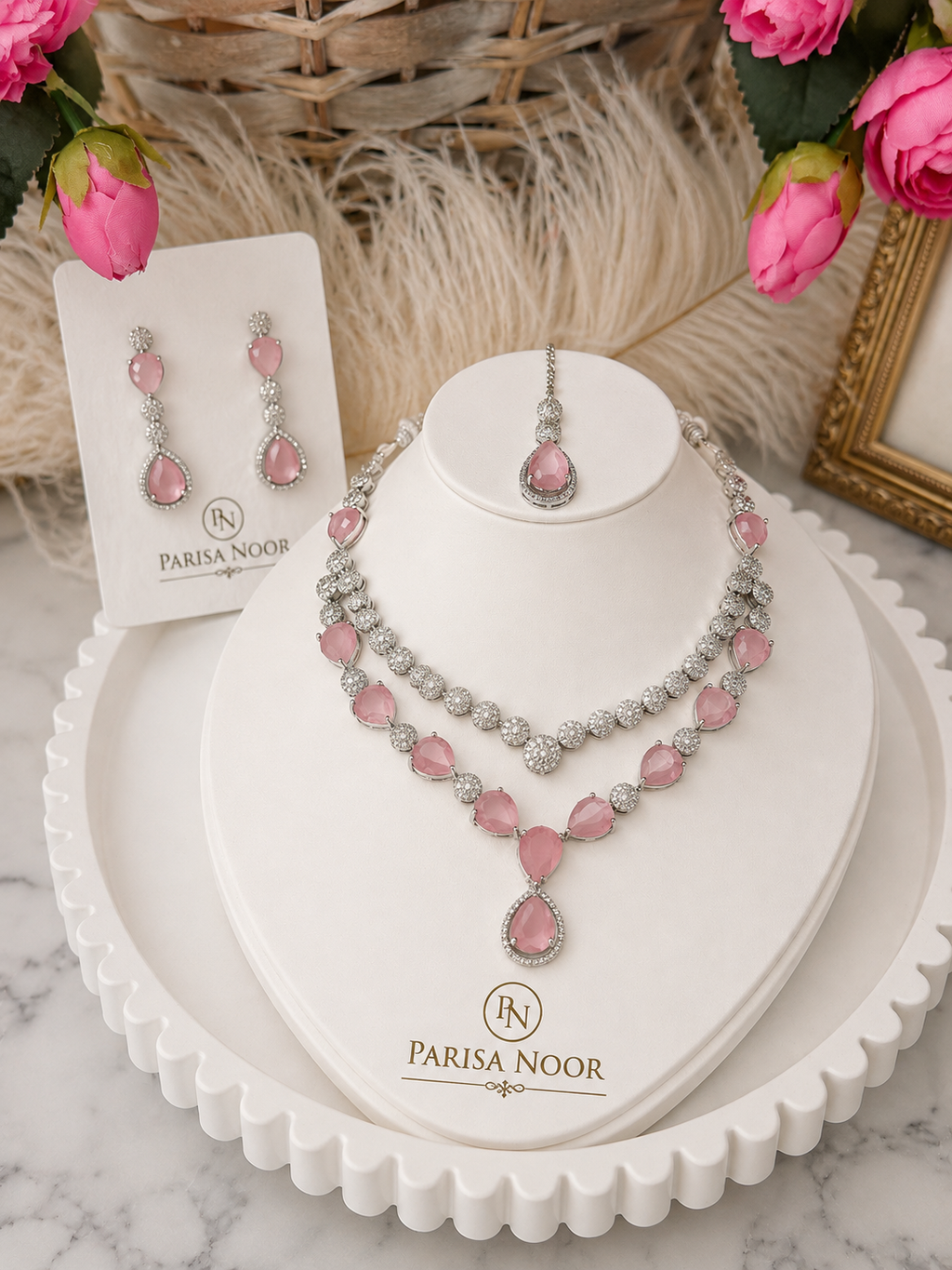 Aarini Luxury Pink AD Necklace Set