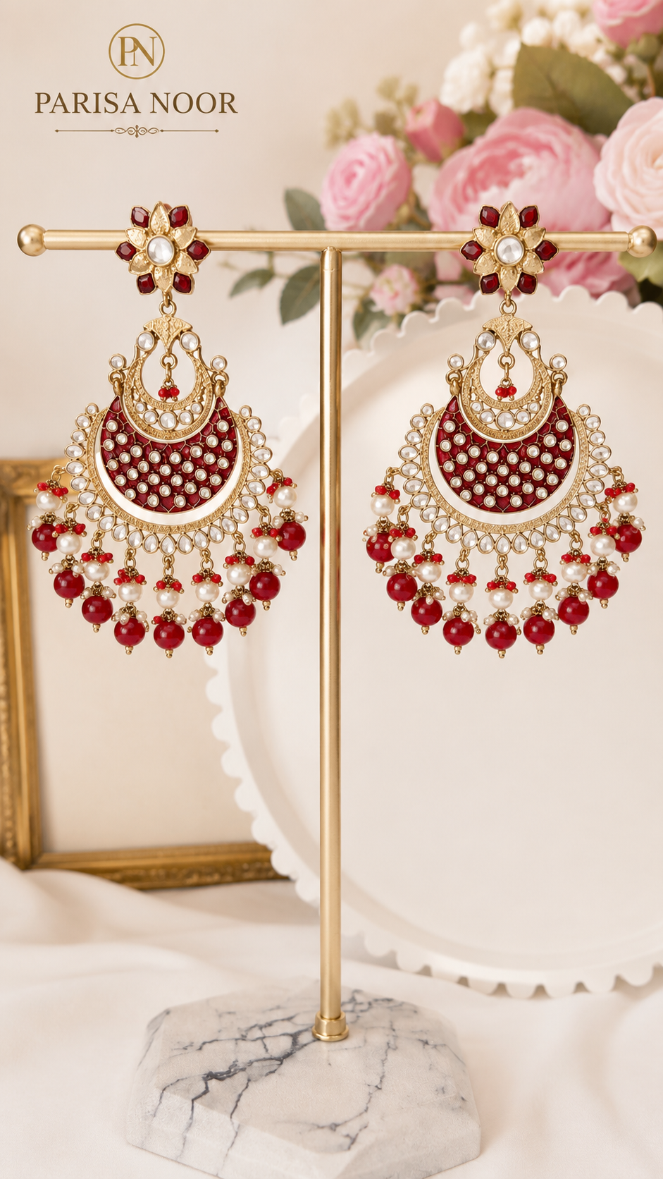 Rania Kundan Meenakari Chandbali Earrings Ruby Red