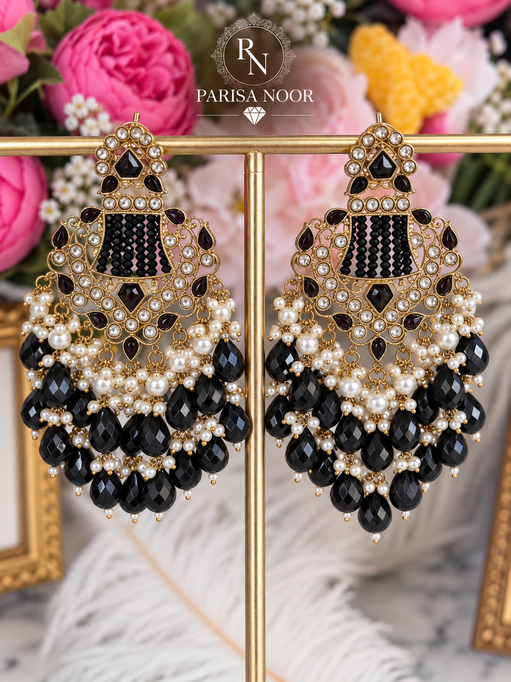 Kavira Black Kundan Pearl Chandbali Earrings