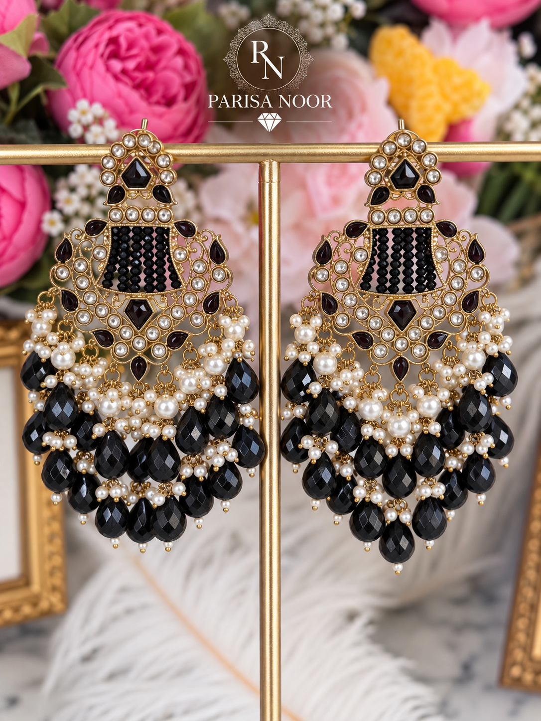 Kavira Black Kundan Pearl Chandbali Earrings
