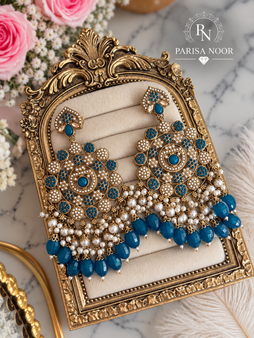 Zafira Turkish Blue Kundan Pearl Statement Earrings