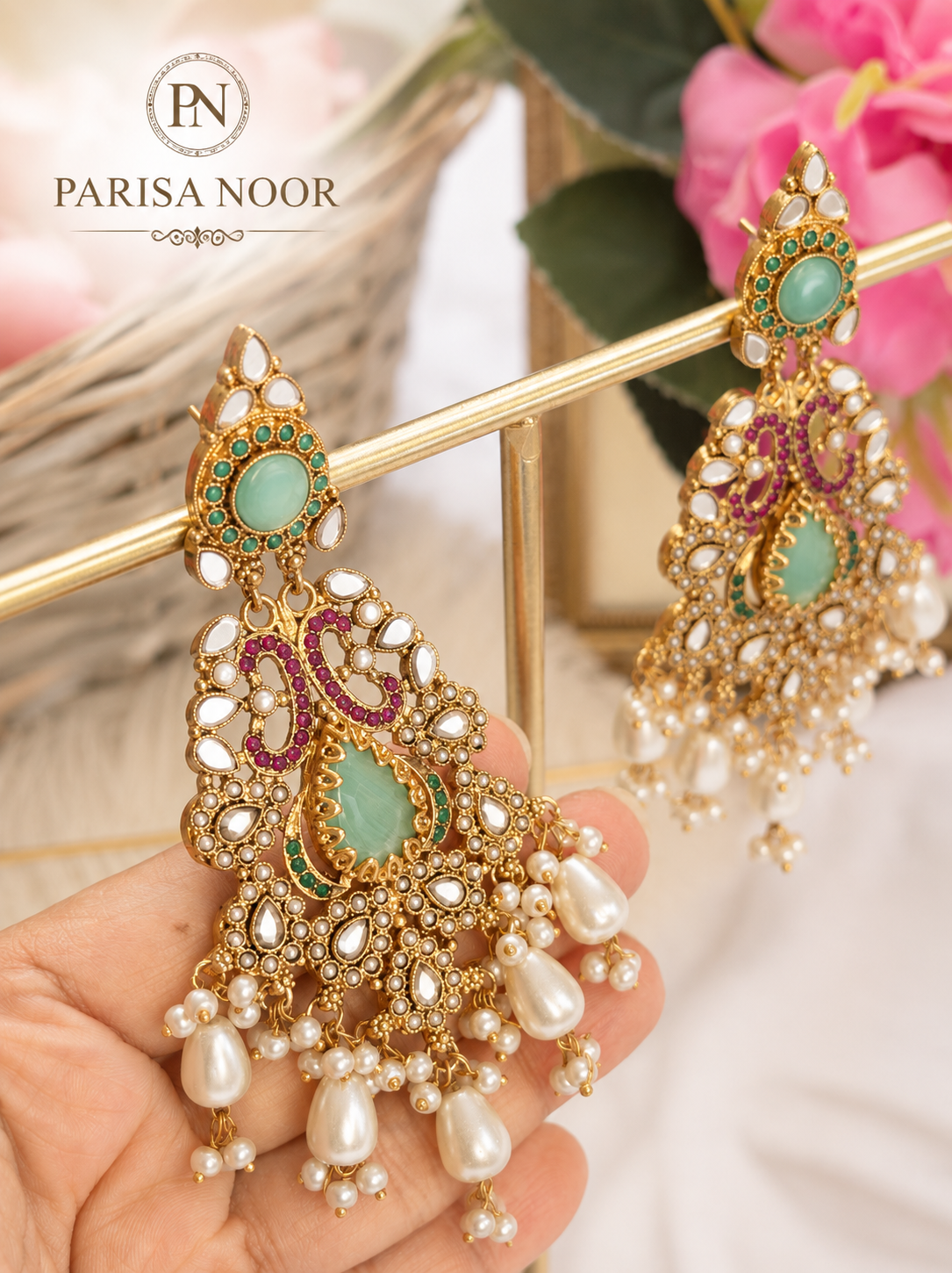 Esra Luxury Turkish Mint Green Statement Earrings
