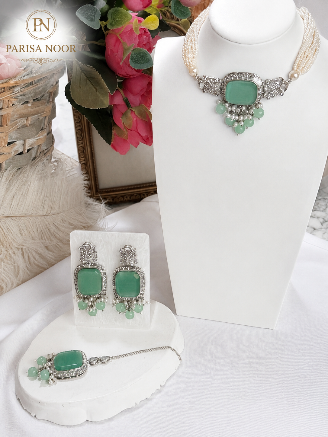 Aylin Turkish Mint Blue Statement Necklace Set