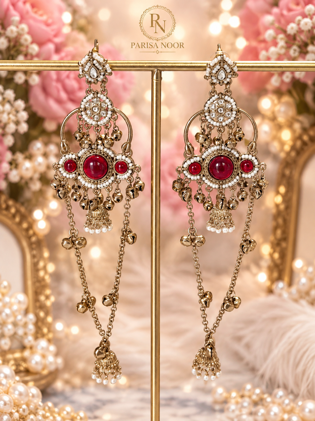 Ruhbina Ruby Champagne Gold Kashmiri Ghungru Earrings