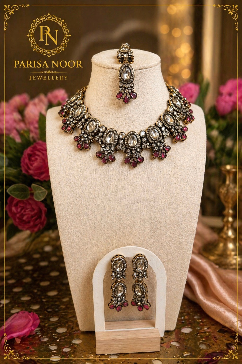 Aiyaara Ruby Kundan Necklace Set with Teeka