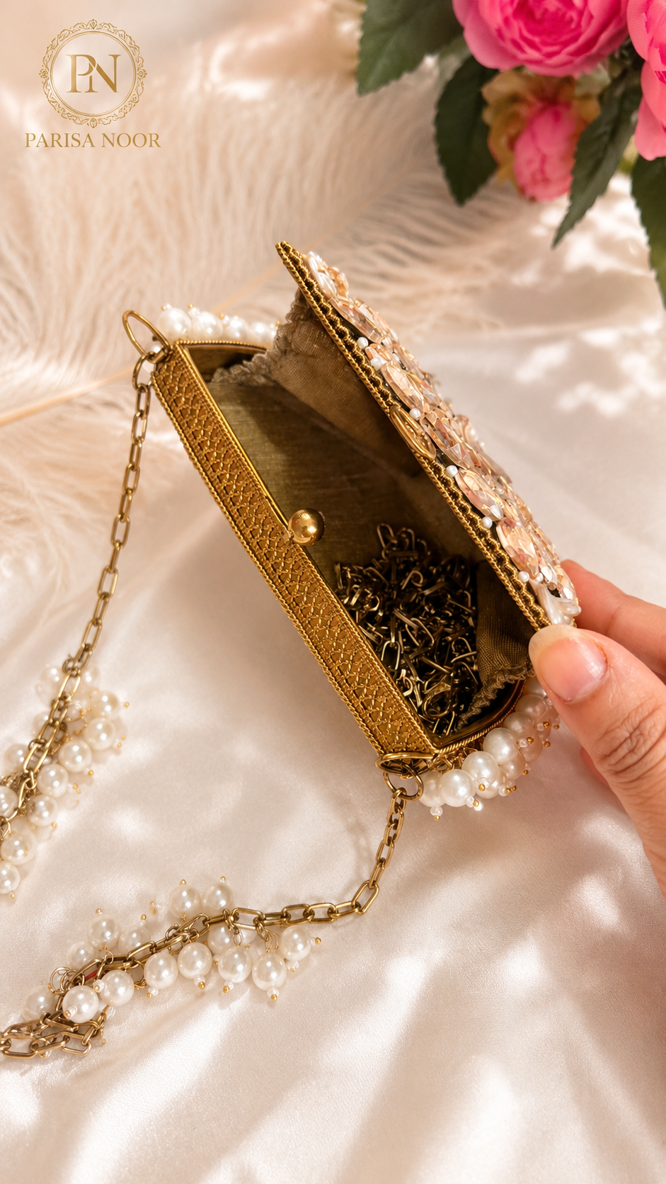 Luna Luxe Half Moon Pearl Crystal Mini Clutch