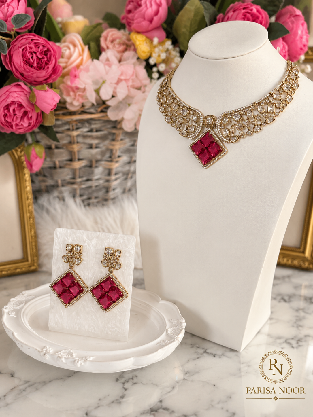 Ruvanya Ruby Red Luxury Designer Necklace Set