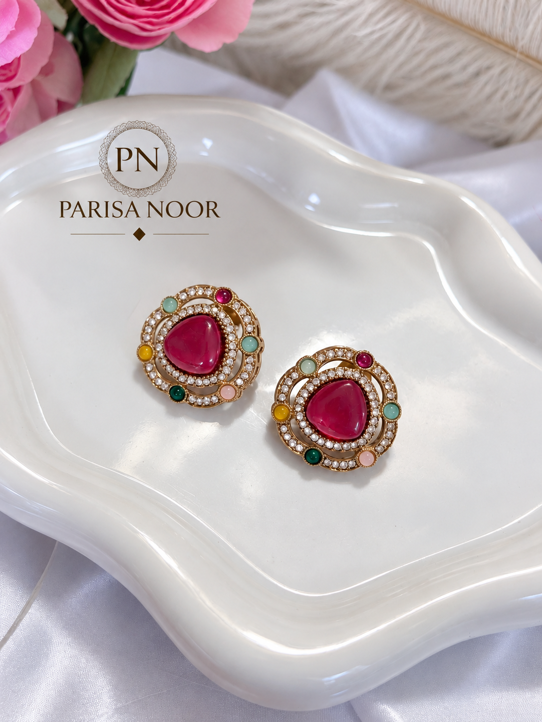 Ruhmeera Ruby Pink Multicolour Designer Stud Earrings