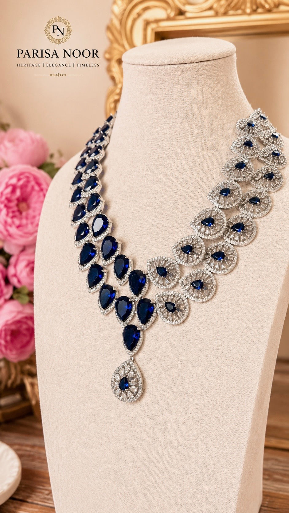 Azura Victorian Moissanite Necklace Set Midnight Blue