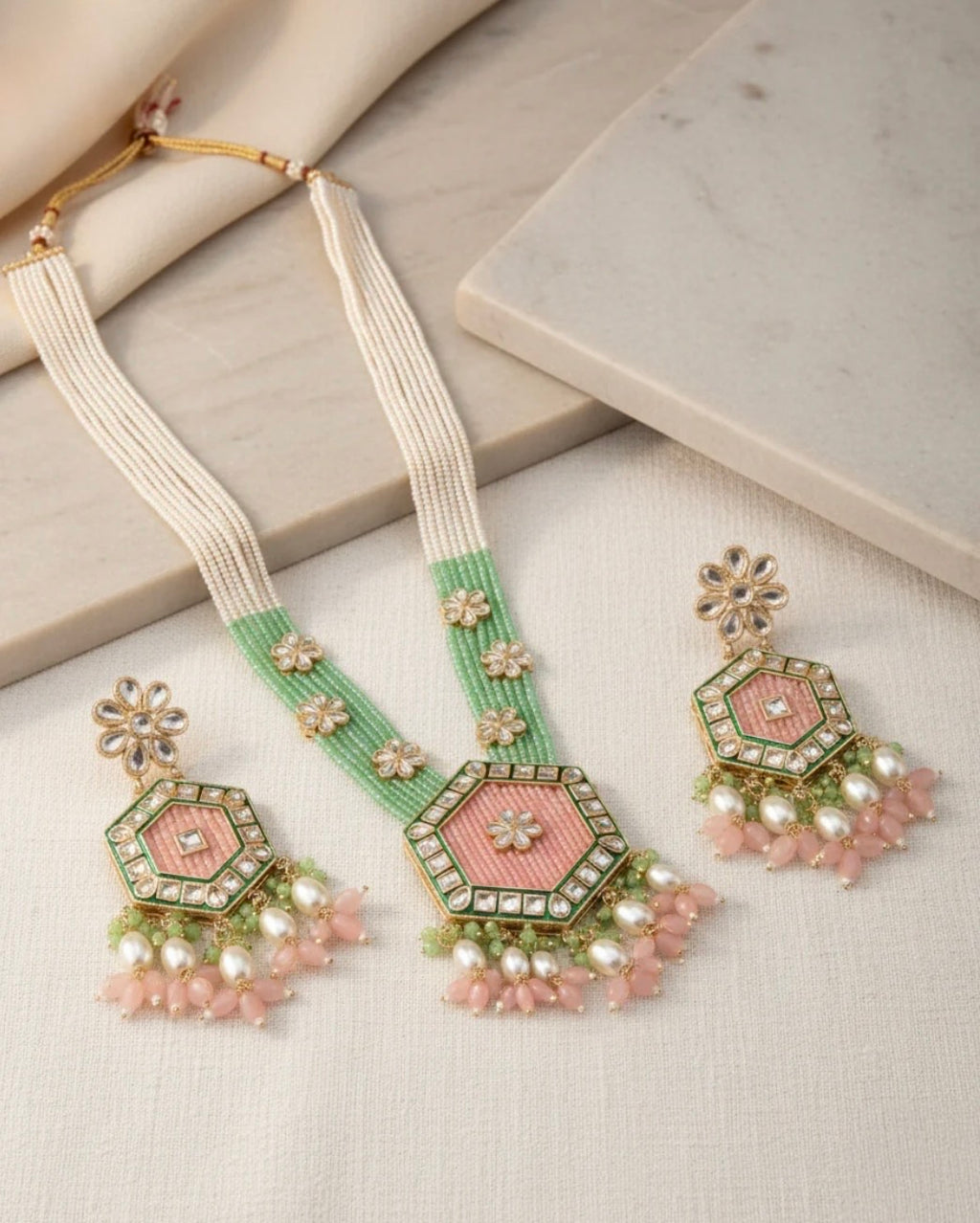 Monica Blush Mint Neelika Long Necklace Set with Earring