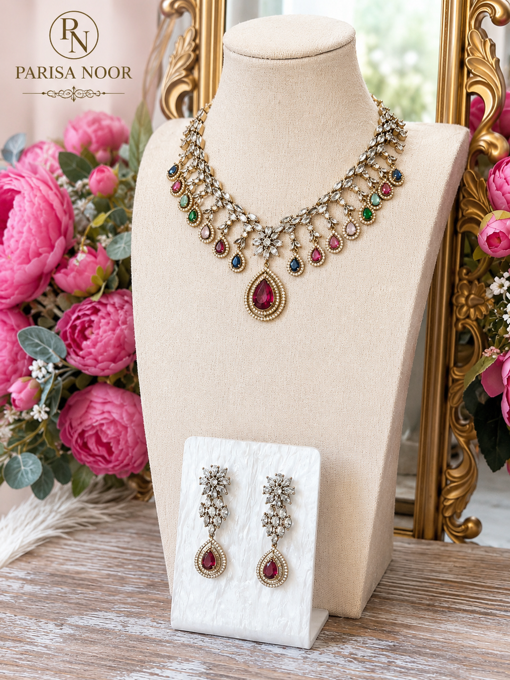 Maria Victorian Mehendi Polish AD Multi Necklace Set