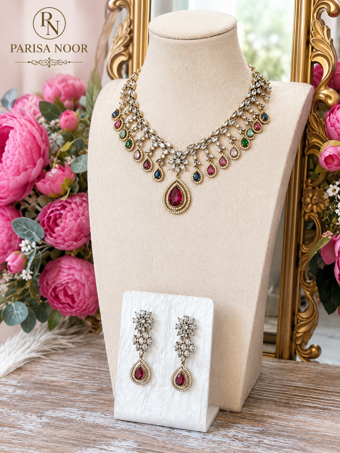 Maria Victorian Mehendi Polish AD Multi Necklace Set