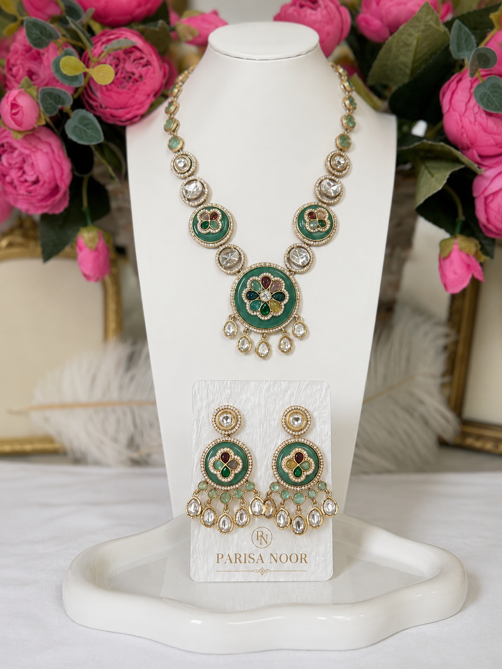 Meherza Mint Multicolour Designer Semi-Long Necklace Set