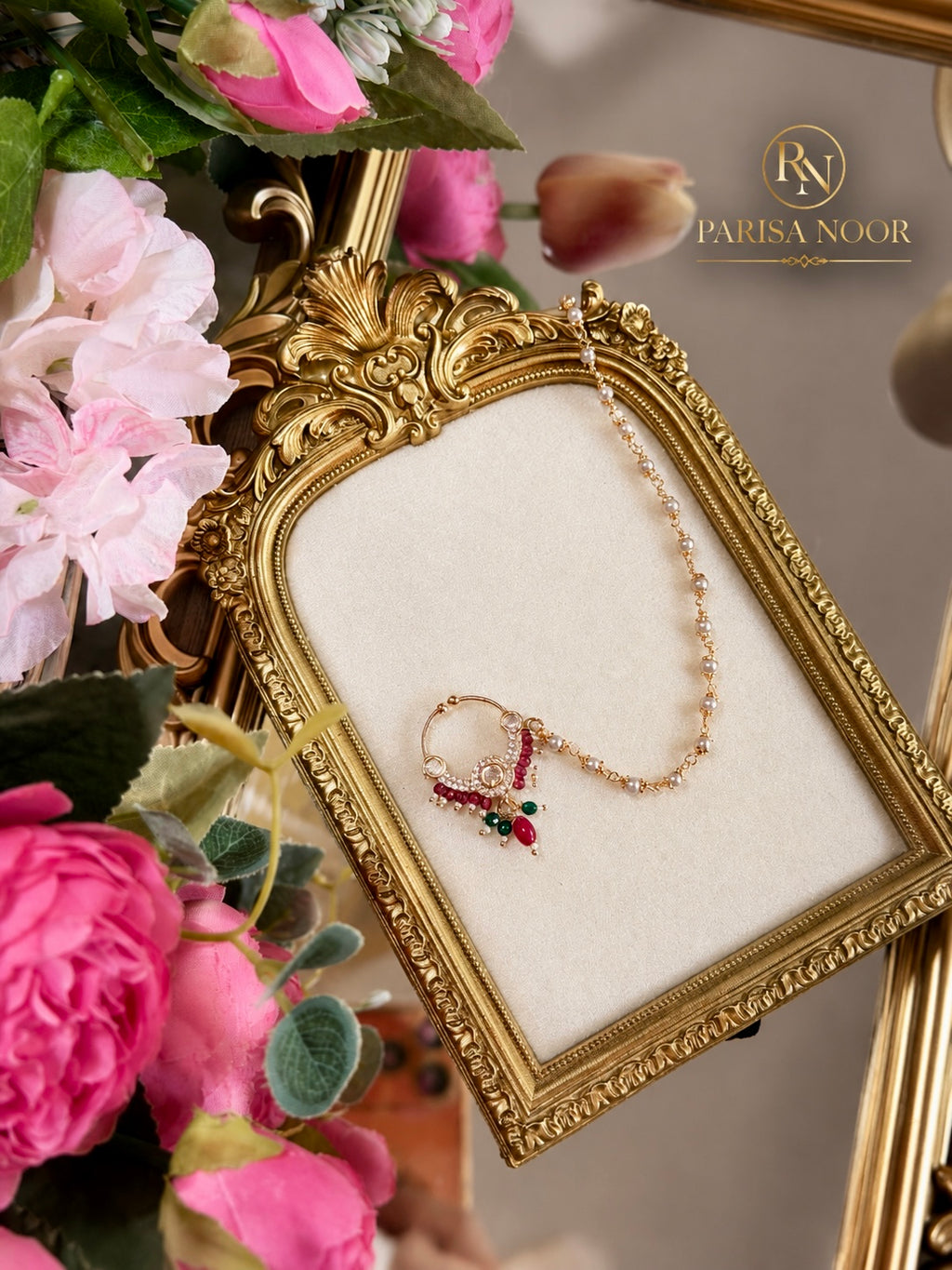 Saakhi Moissanite Nose Ring with Pearl Chain