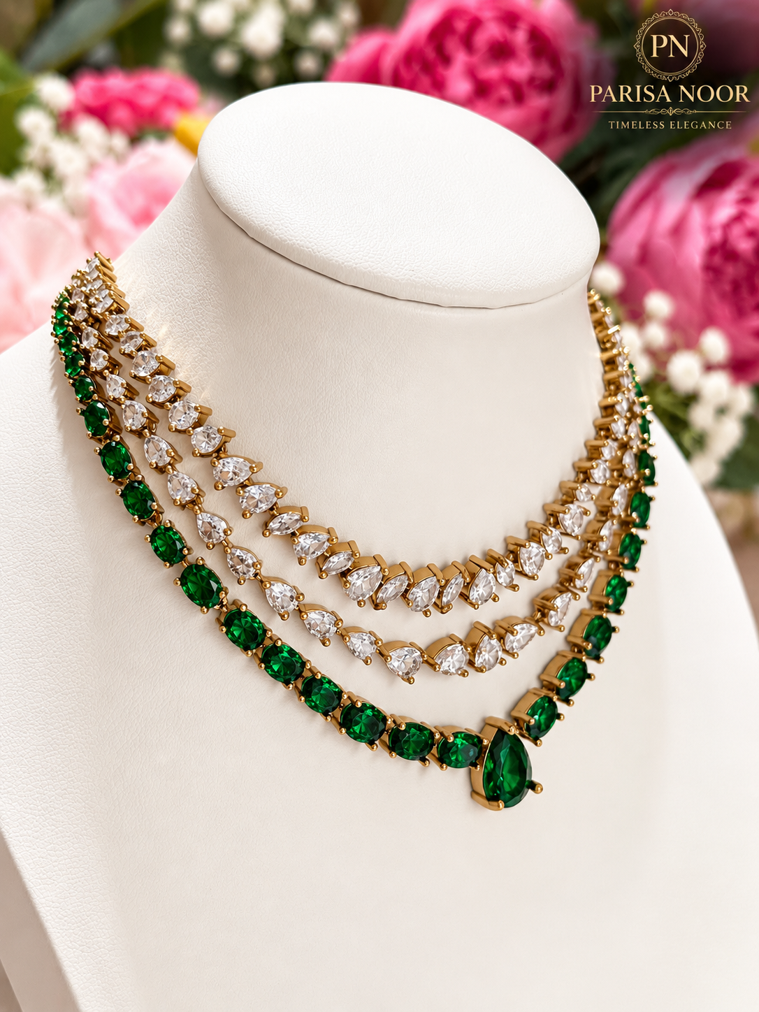 Avelora Layered Emerald Victorian AD Necklace Set