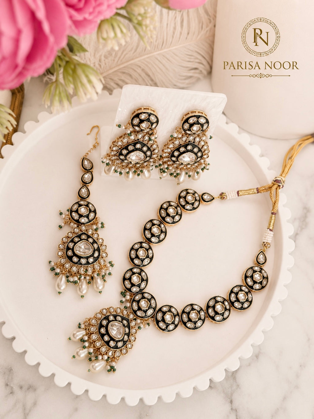 Vanya Meenakari Kundan Green Necklace Set