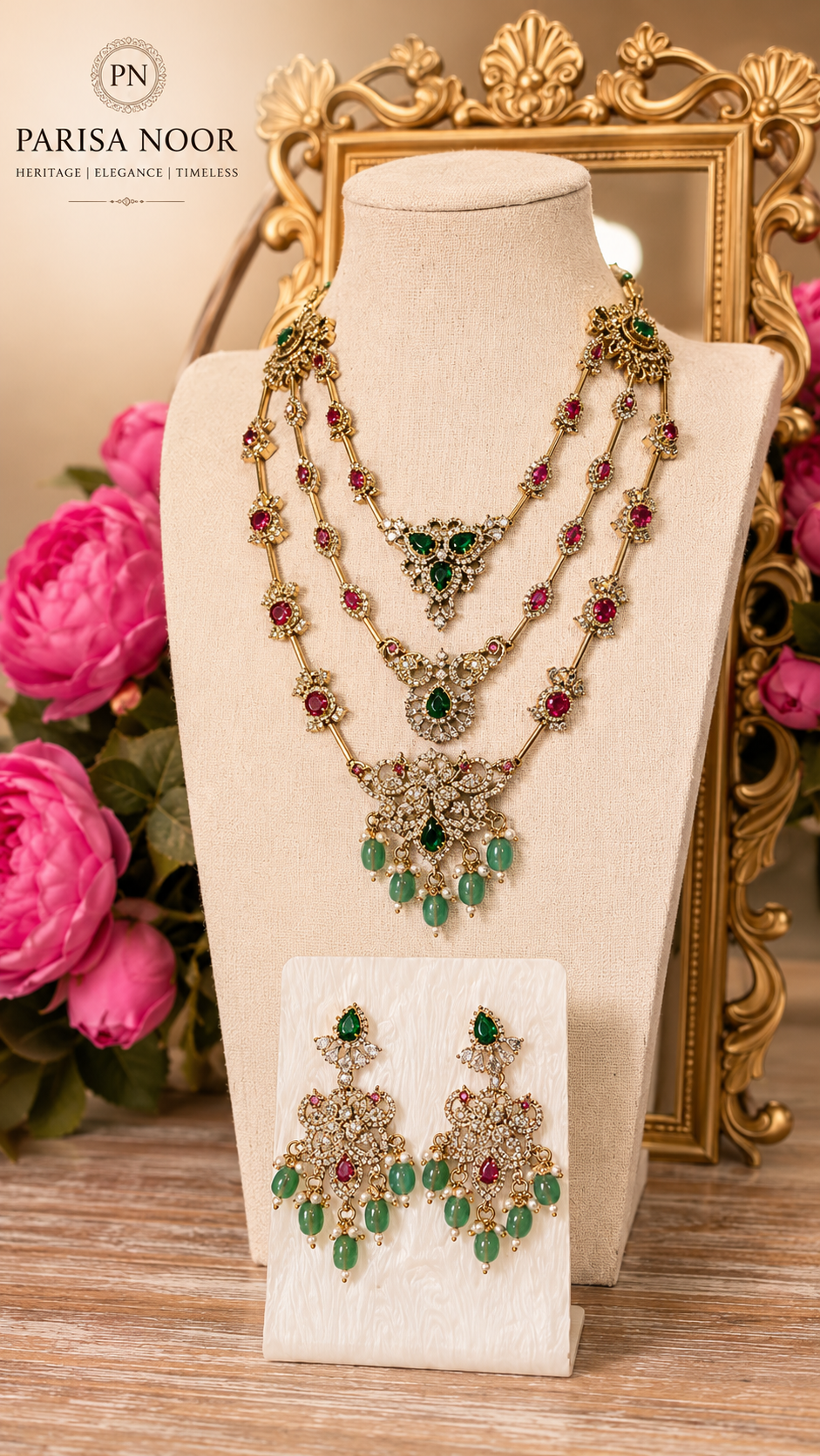 Qaynat Victorian Three Layer Semi Long Necklace Set