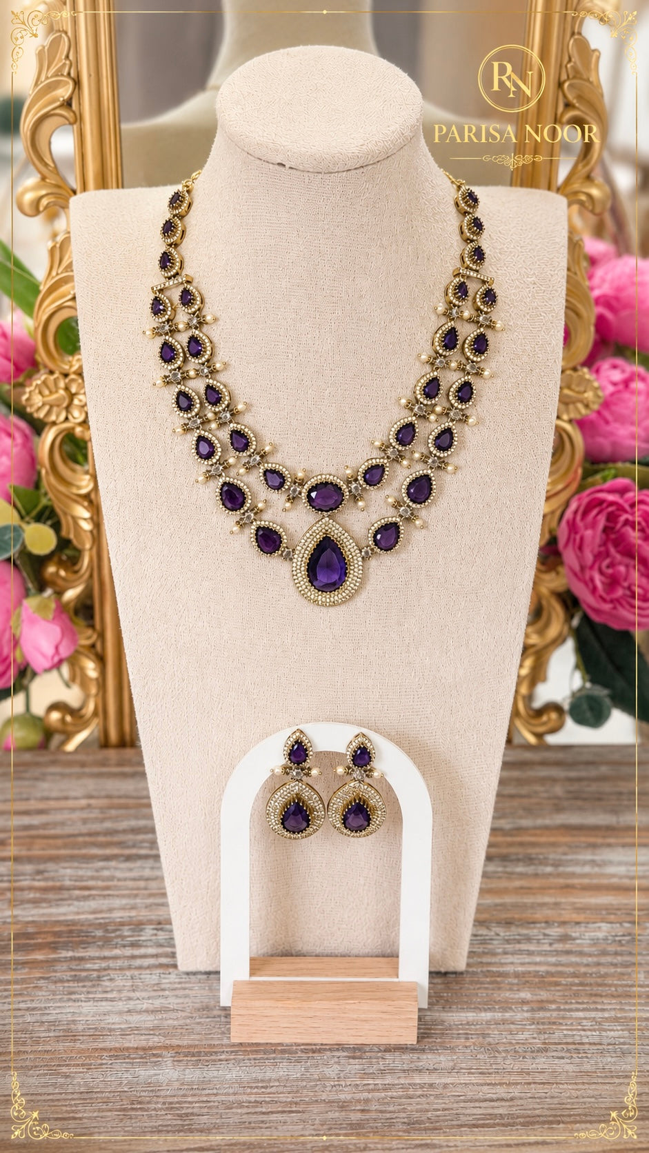 Leena Amethyst Victorian AD Double Layer Necklace Set