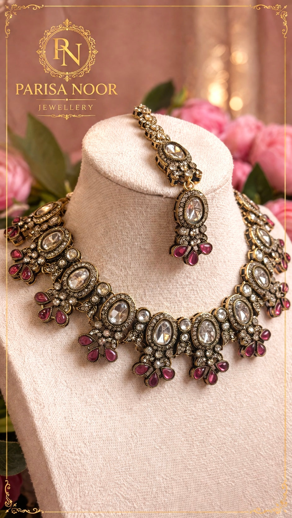 Aiyaara Ruby Kundan Necklace Set with Teeka