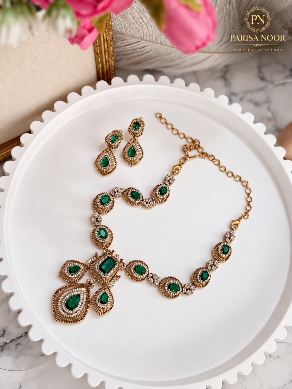 Kashira Green Heritage AD Semi-Long Necklace Set