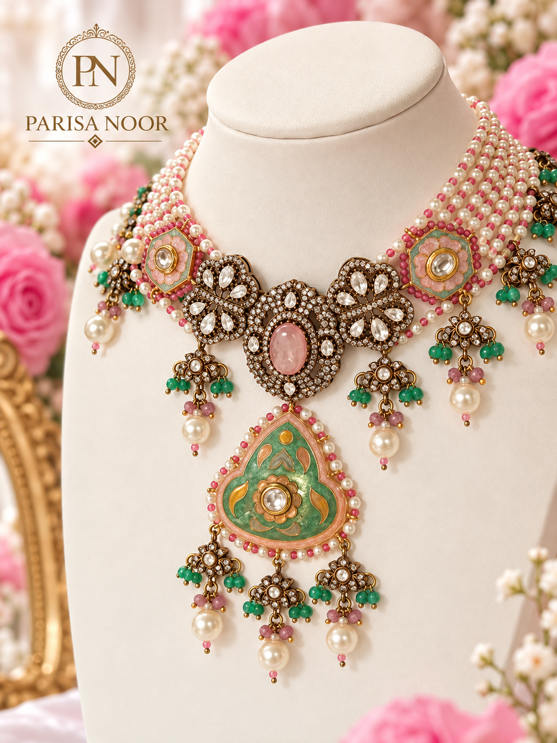 Mehrnaz Pastel Meenakari Luxury Pearl Kundan Necklace Set