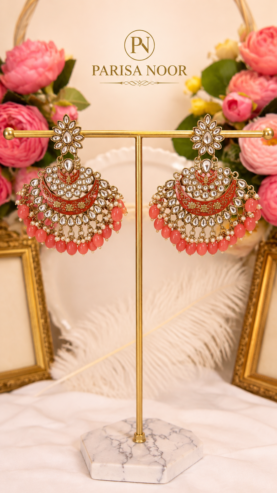 Rimjhim Kundan Meenakari Chandbali Earrings Coral Pink
