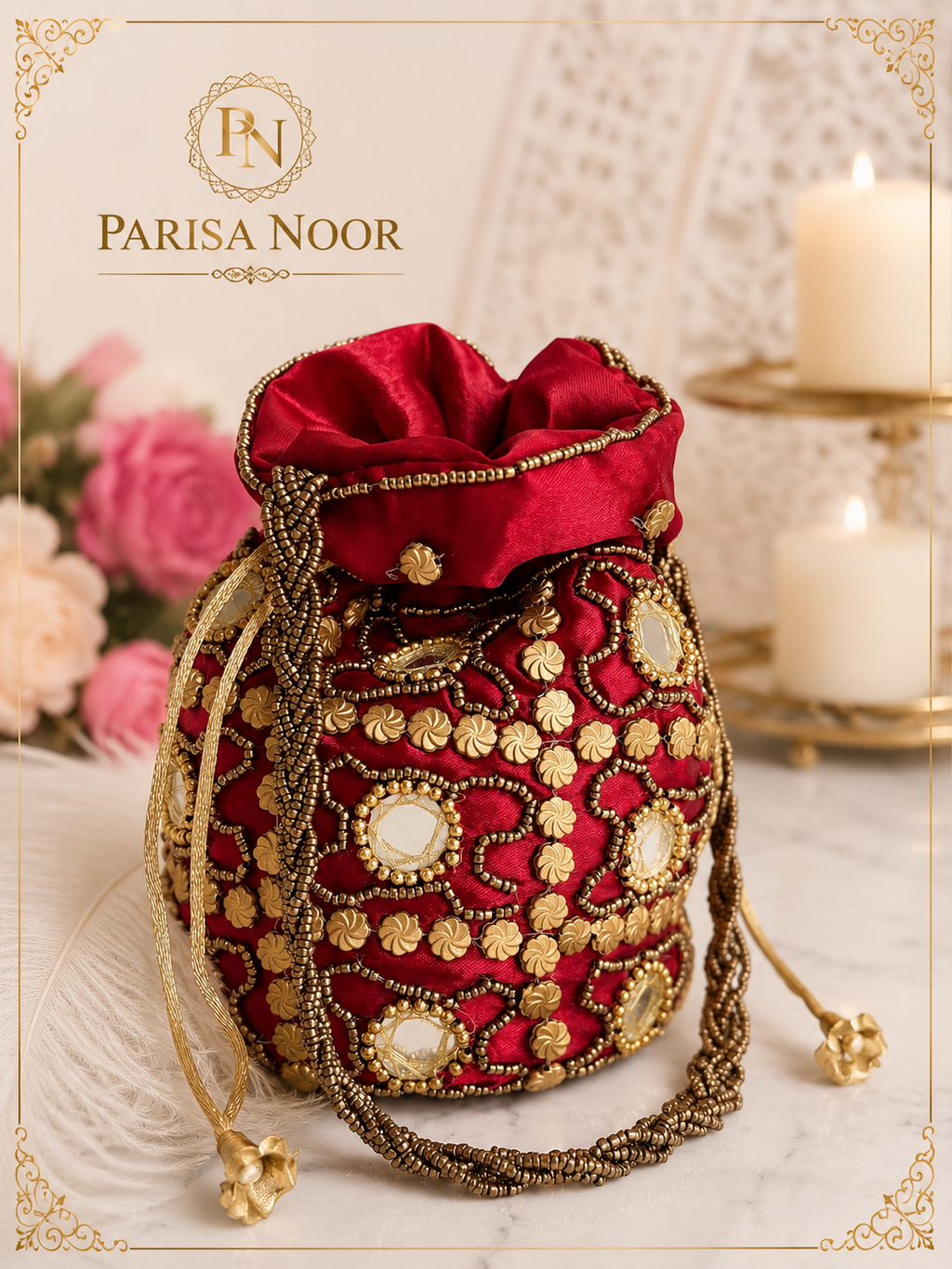 Zura Burgundy Red & Gold Designer Potli Bag
