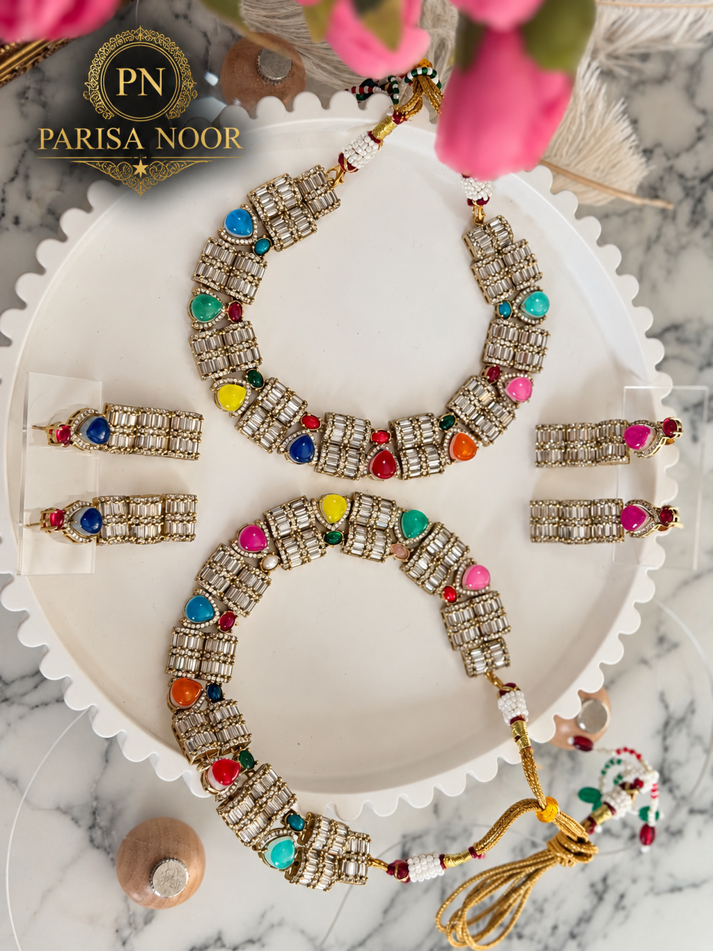 Cavira Multicolour Double-Setting Designer Necklace Set